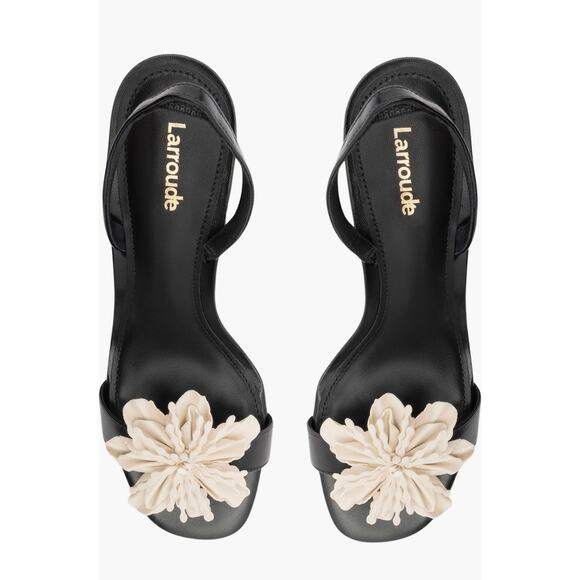 Larroude Hibiscus Slingback Sandal Heels Black Leather Floral Sz 10 Lightly Worn - Picture 8 of 13